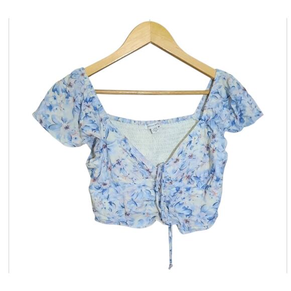 American Eagle Womens Blue Floral Flutter Sleeves Smocked Corset Crop Size S